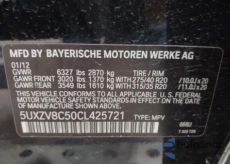 2012 BMW X5 xDrive50I z USA, uszkodzony, nr VIN 5UXZV8C50CL425721